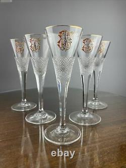 Moser Champagne Flute Enameled Gilt Monogram Crystal Set Of 5