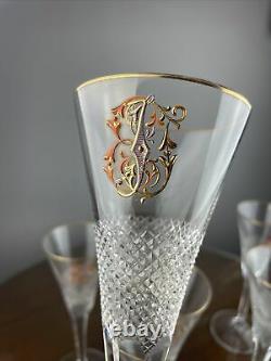 Moser Champagne Flute Enameled Gilt Monogram Crystal Set Of 5