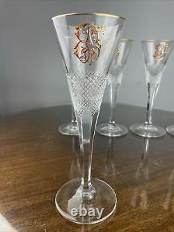 Moser Champagne Flute Enameled Gilt Monogram Crystal Set Of 5