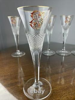 Moser Champagne Flute Enameled Gilt Monogram Crystal Set Of 5