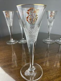 Moser Champagne Flute Enameled Gilt Monogram Crystal Set Of 5