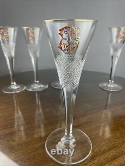 Moser Champagne Flute Enameled Gilt Monogram Crystal Set Of 5