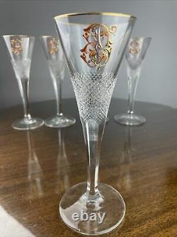 Moser Champagne Flute Enameled Gilt Monogram Crystal Set Of 5