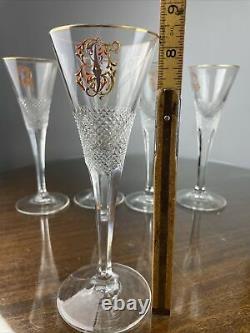 Moser Champagne Flute Enameled Gilt Monogram Crystal Set Of 5