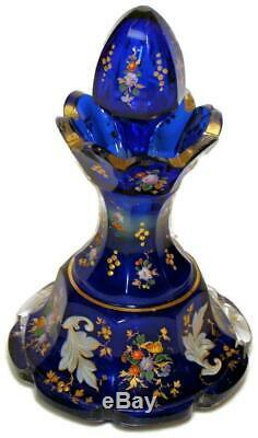 Moser Cobalt Blue Faceted Glass Perfume Bottle All over Gold & Floral Enameling