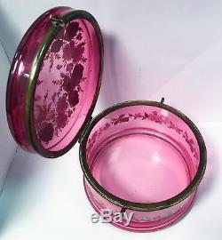 Moser Cranberry Glass Bohemian Victorian Style Enamel Floral Leaf Circa 1890 Box