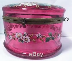 Moser Cranberry Glass Bohemian Victorian Style Enamel Floral Leaf Circa 1890 Box