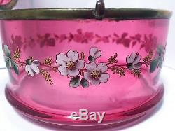 Moser Cranberry Glass Bohemian Victorian Style Enamel Floral Leaf Circa 1890 Box