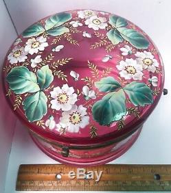 Moser Cranberry Glass Bohemian Victorian Style Enamel Floral Leaf Circa 1890 Box