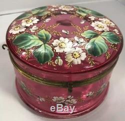 Moser Cranberry Glass Bohemian Victorian Style Enamel Floral Leaf Circa 1890 Box