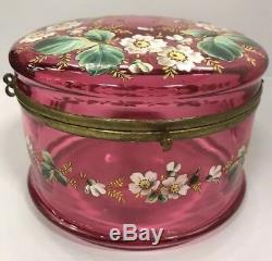 Moser Cranberry Glass Bohemian Victorian Style Enamel Floral Leaf Circa 1890 Box