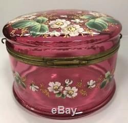 Moser Cranberry Glass Bohemian Victorian Style Enamel Floral Leaf Circa 1890 Box