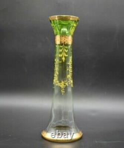 Moser Czech Green To Clear Enamelled Yellow Bows Flowers & gold 11 Vase