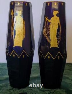 Moser Dark Amethyst 9 Paneled Vases w-Gold Mythological Motif Set 1890's Fine