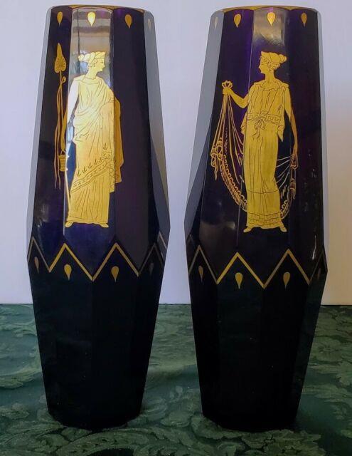 Moser Dark Amethyst 9 Paneled Vases W-gold Mythological Motif Set 1890's Fine