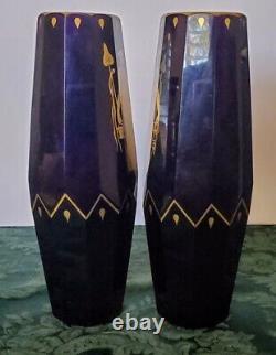 Moser Dark Amethyst 9 Paneled Vases w-Gold Mythological Motif Set 1890's Fine