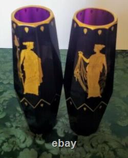 Moser Dark Amethyst 9 Paneled Vases w-Gold Mythological Motif Set 1890's Fine