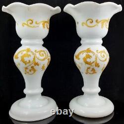 Moser Decorated Milk Glass Vase Pair antique czech bohemian victorian art tgc