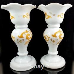 Moser Decorated Milk Glass Vase Pair antique czech bohemian victorian art tgc