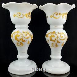 Moser Decorated Milk Glass Vase Pair antique czech bohemian victorian art tgc