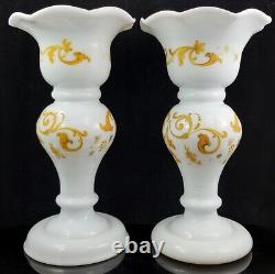 Moser Decorated Milk Glass Vase Pair antique czech bohemian victorian art tgc