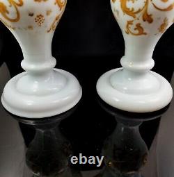 Moser Decorated Milk Glass Vase Pair antique czech bohemian victorian art tgc