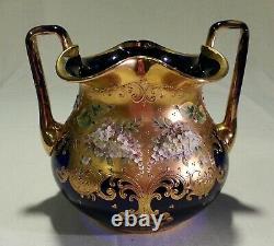 Moser Glass Massive Cobalt Blue Amphora Vase Applied High Relief Flowers Gilt