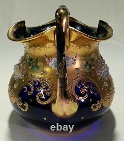 Moser Glass Massive Cobalt Blue Amphora Vase Applied High Relief Flowers Gilt