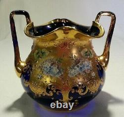 Moser Glass Massive Cobalt Blue Amphora Vase Applied High Relief Flowers Gilt