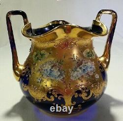 Moser Glass Massive Cobalt Blue Amphora Vase Applied High Relief Flowers Gilt