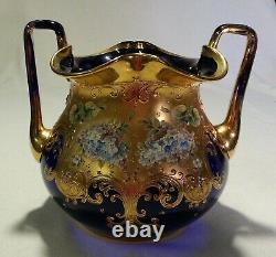 Moser Glass Massive Cobalt Blue Amphora Vase Applied High Relief Flowers Gilt