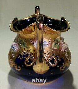 Moser Glass Massive Cobalt Blue Amphora Vase Applied High Relief Flowers Gilt