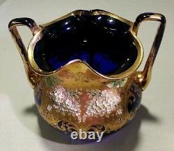 Moser Glass Massive Cobalt Blue Amphora Vase Applied High Relief Flowers Gilt