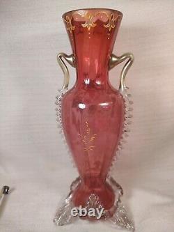 Moser Hand Enameled White Floral Raised Gold Victorian Antique Vase WithRigaree