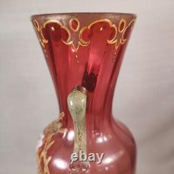 Moser Hand Enameled White Floral Raised Gold Victorian Antique Vase WithRigaree