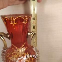 Moser Hand Enameled White Floral Raised Gold Victorian Antique Vase WithRigaree