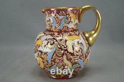Moser Harrach Hand Enamelled Floral Scrollwork Cranberry Glass & Gold Pitcher