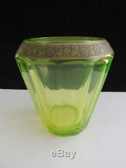 Moser Karlsbad Signed Vaseline Uranium Glass Vase With Gold Frieze