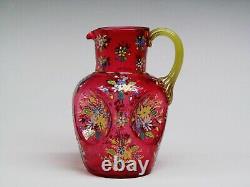 Moser Late19th Century Sided Hand Painted Pitcher Blown Cranberry Glass. 10 Heig