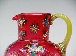 Moser Late19th Century Sided Hand Painted Pitcher Blown Cranberry Glass. 10 Heig