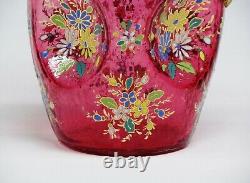 Moser Late19th Century Sided Hand Painted Pitcher Blown Cranberry Glass. 10 Heig