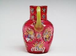 Moser Late19th Century Sided Hand Painted Pitcher Blown Cranberry Glass. 10 Heig