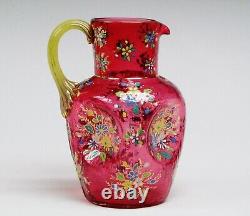 Moser Late19th Century Sided Hand Painted Pitcher Blown Cranberry Glass. 10 Heig