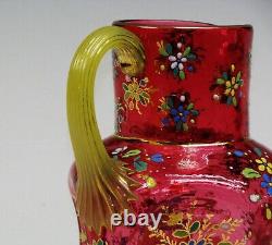 Moser Late19th Century Sided Hand Painted Pitcher Blown Cranberry Glass. 10 Heig