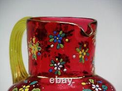 Moser Late19th Century Sided Hand Painted Pitcher Blown Cranberry Glass. 10 Heig