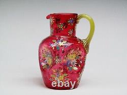 Moser Late19th Century Sided Hand Painted Pitcher Blown Cranberry Glass. 10 Heig