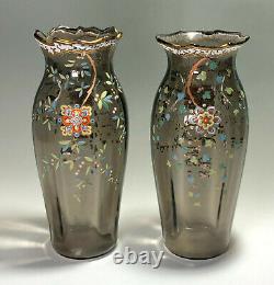 Moser Matched Pair of Smokey Topaz Japonesque Decorated Art Nouveau Vases