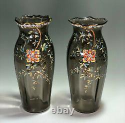 Moser Matched Pair of Smokey Topaz Japonesque Decorated Art Nouveau Vases