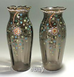 Moser Matched Pair of Smokey Topaz Japonesque Decorated Art Nouveau Vases