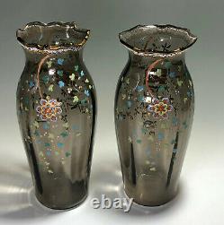 Moser Matched Pair of Smokey Topaz Japonesque Decorated Art Nouveau Vases